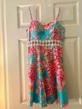 Lilly Pulitzer Sun Dress Womens Lined Spaghetti Strap Crochet Floral Size 2